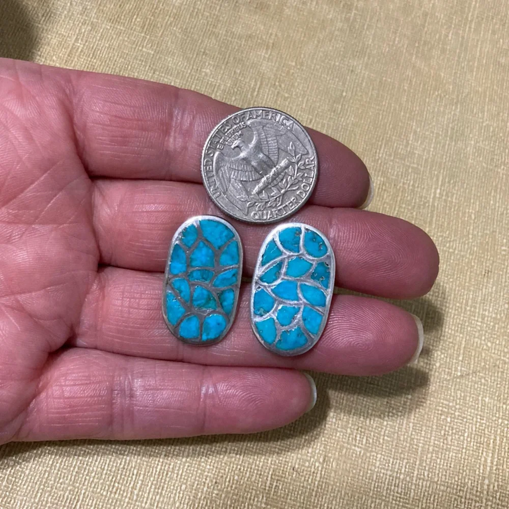 VINTAGE NATIVE AMERICAN ZUNI TURQUOISE INLAY STERLING SILVER CUFFLINKS